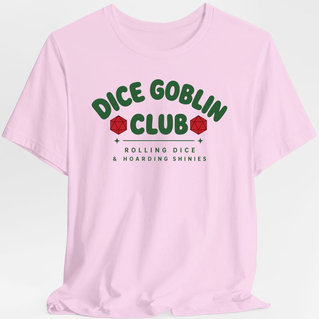 The same Dice Goblin Club design, on a light pink t-shirt.