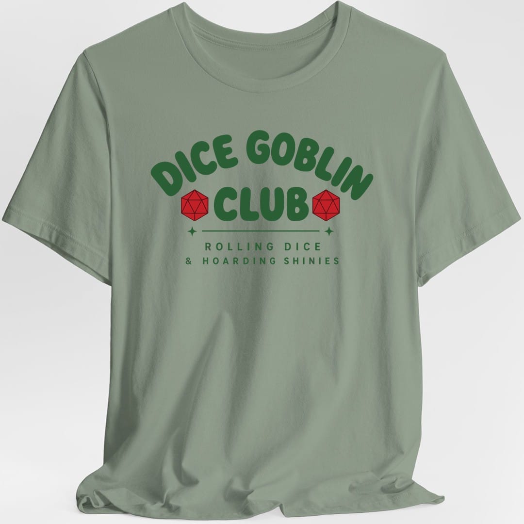 The same Dice Goblin Club design, on a sage t-shirt.