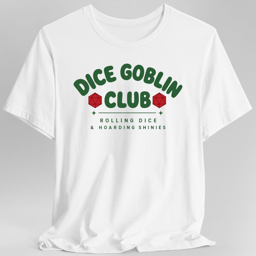 The same Dice Goblin Club design, on a white t-shirt.