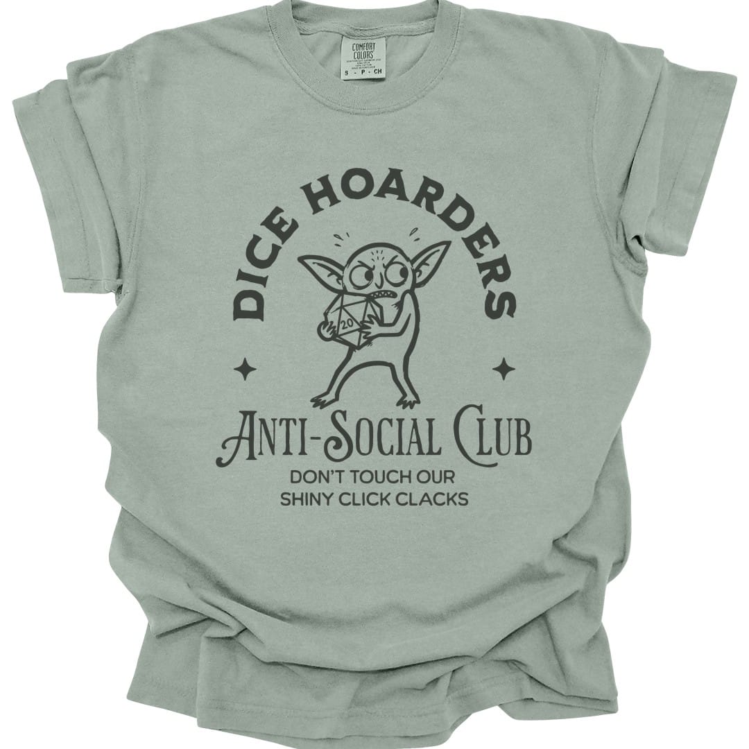 The same Dice Hoarders Anti-Social Club design, on a bay t-shirt.