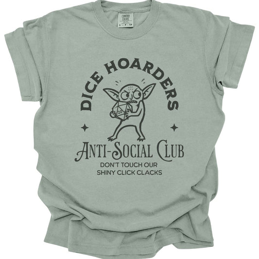 The same Dice Hoarders Anti-Social Club design, on a bay t-shirt.