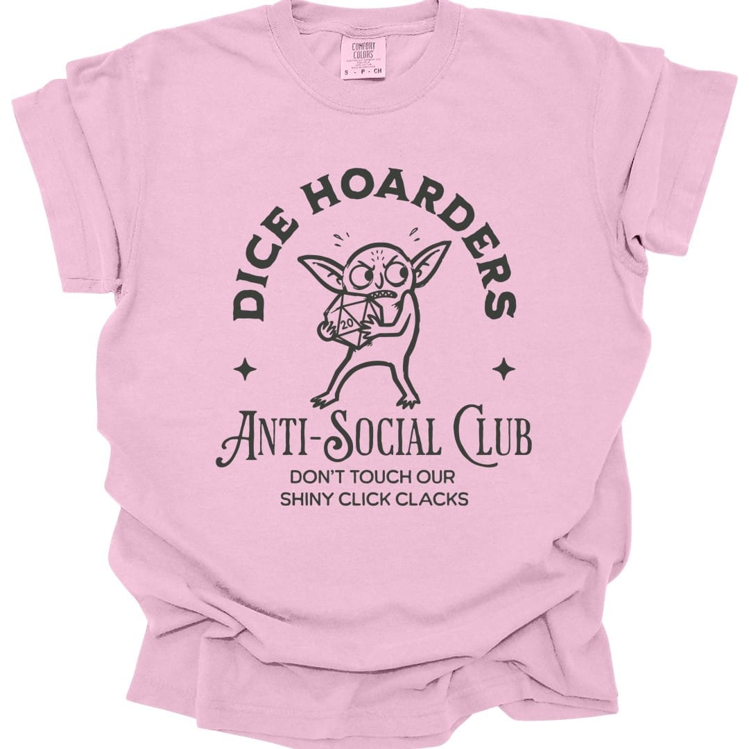 The same Dice Hoarders Anti-Social Club design, on a blossom t-shirt.
