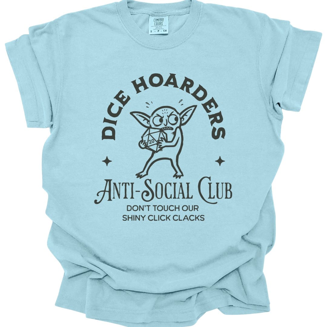 The same Dice Hoarders Anti-Social Club design, on a chambray t-shirt.