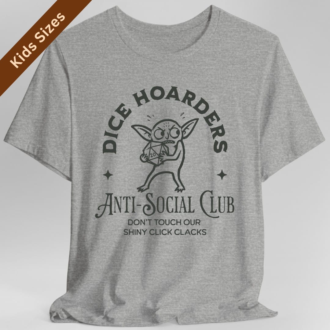 The same Dice Hoarders Anti-Social Club design, on a sport grey kids t-shirt.