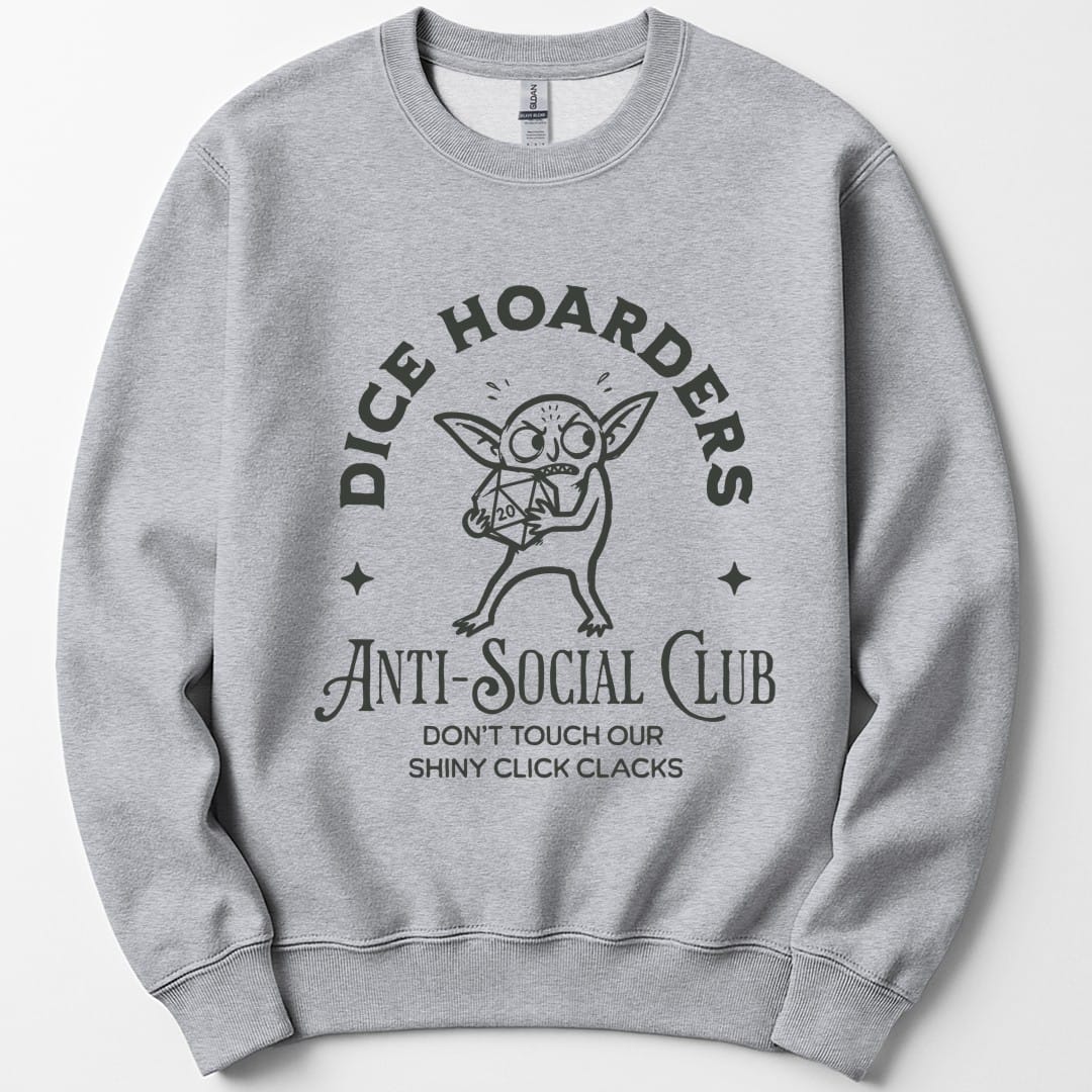 The same Dice Hoarders Anti-Social Club design, on a sport grey sweatshirt.