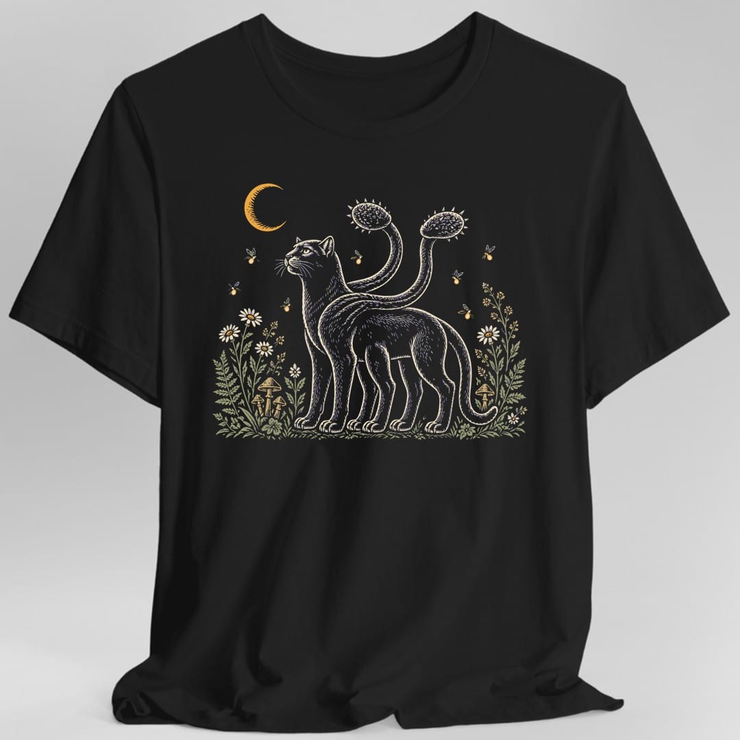 Black t-shirt. No words. A six-legged displacer beast, drawn like a long slender cat with two tentacles curving up from its shoulders, stands looking up at a gold crescent moon. It is surrounded by a meadow of white daisies, ferns, small mushrooms and sprigs of yellow flowers, with fireflies glowing in the air around it. Fine line art in pale lilac, cream, sage green and gold.
