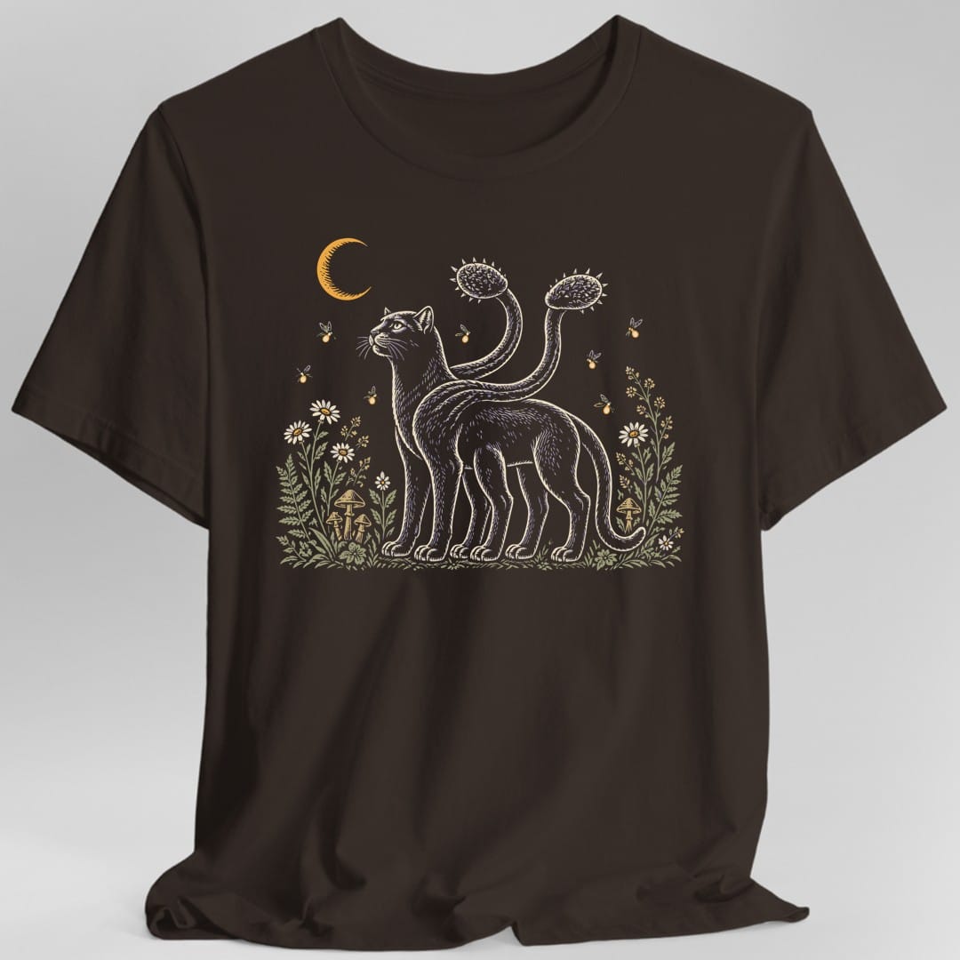 The same Displacer Beast Flowers design, on a dark chocolate t-shirt.