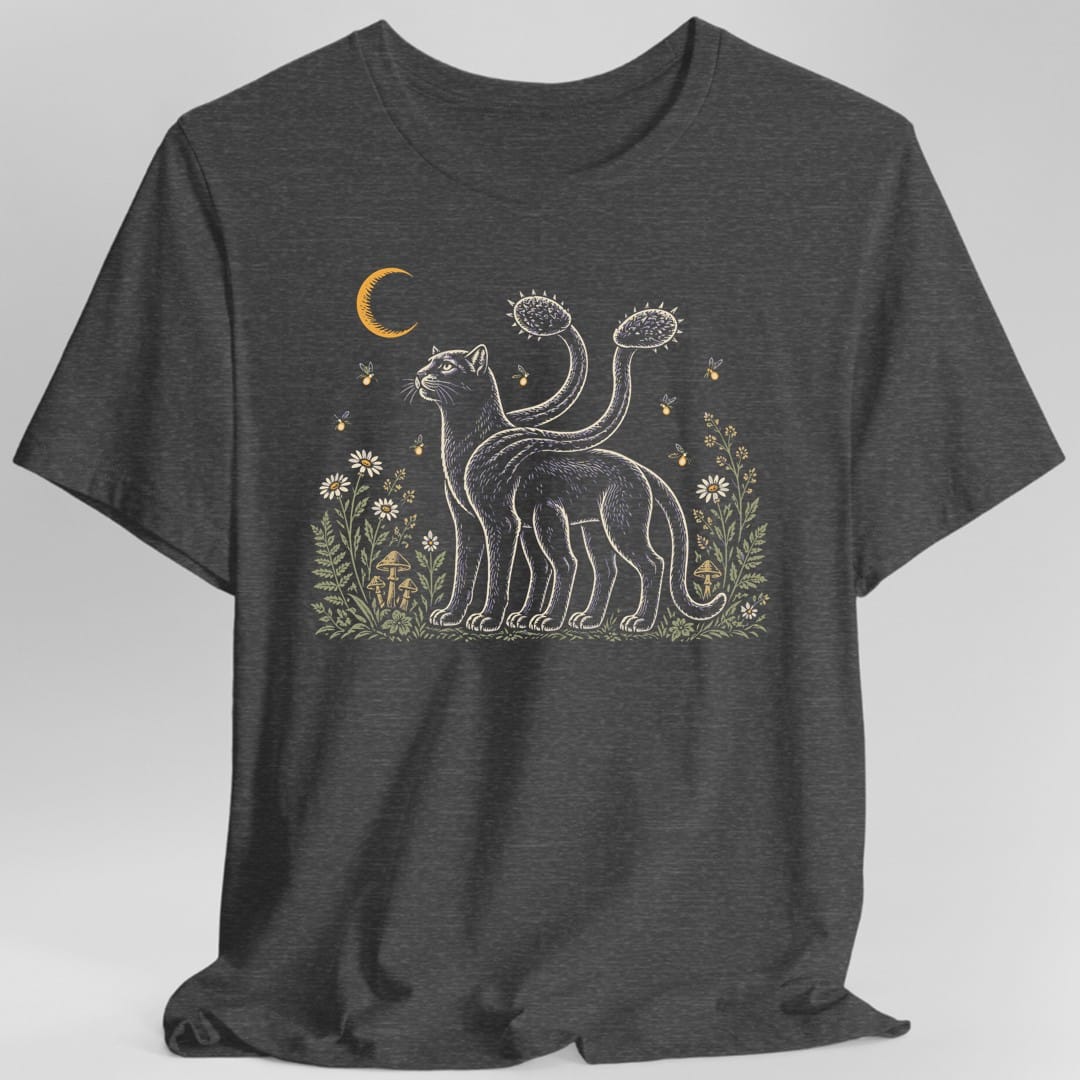 The same Displacer Beast Flowers design, on a dark heather t-shirt.