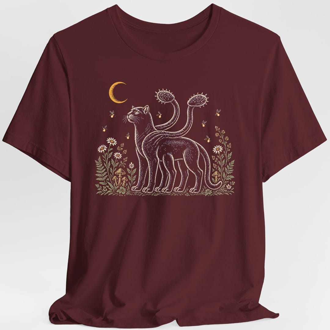 The same Displacer Beast Flowers design, on a maroon t-shirt.