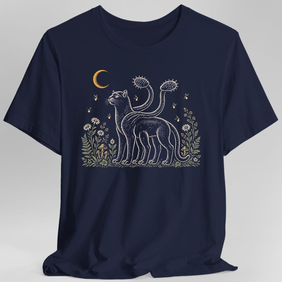 The same Displacer Beast Flowers design, on a navy t-shirt.