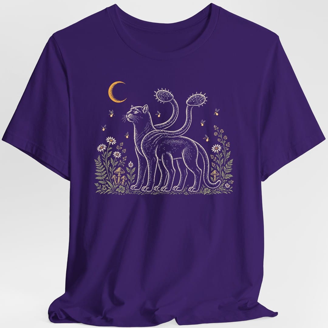 The same Displacer Beast Flowers design, on a purple t-shirt.