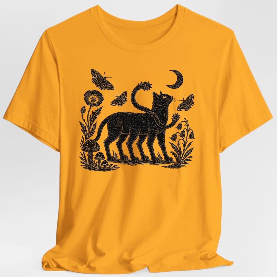 The same Displacer Beast Woodcut design, on a gold t-shirt.