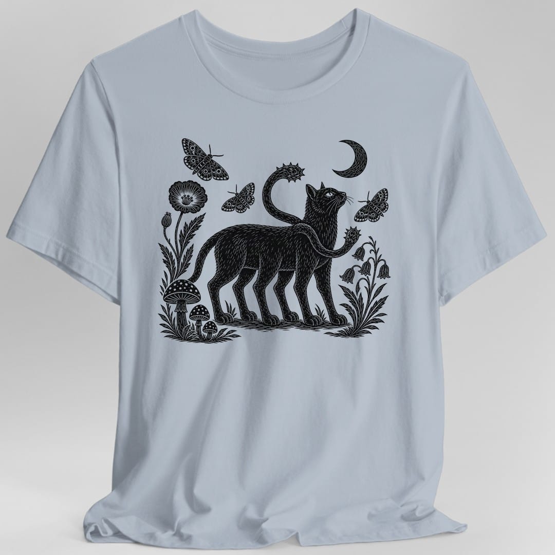 The same Displacer Beast Woodcut design, on a light blue t-shirt.