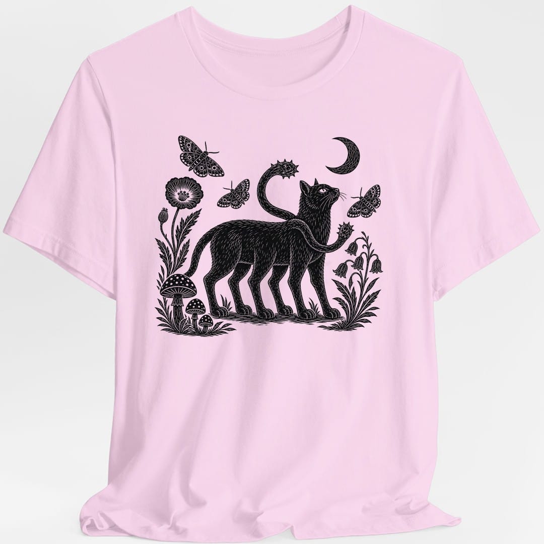 The same Displacer Beast Woodcut design, on a light pink t-shirt.
