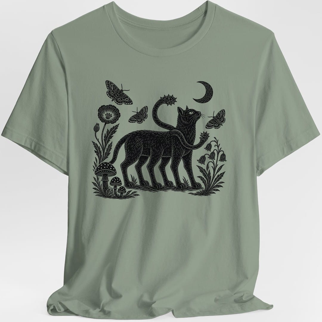 The same Displacer Beast Woodcut design, on a sage t-shirt.