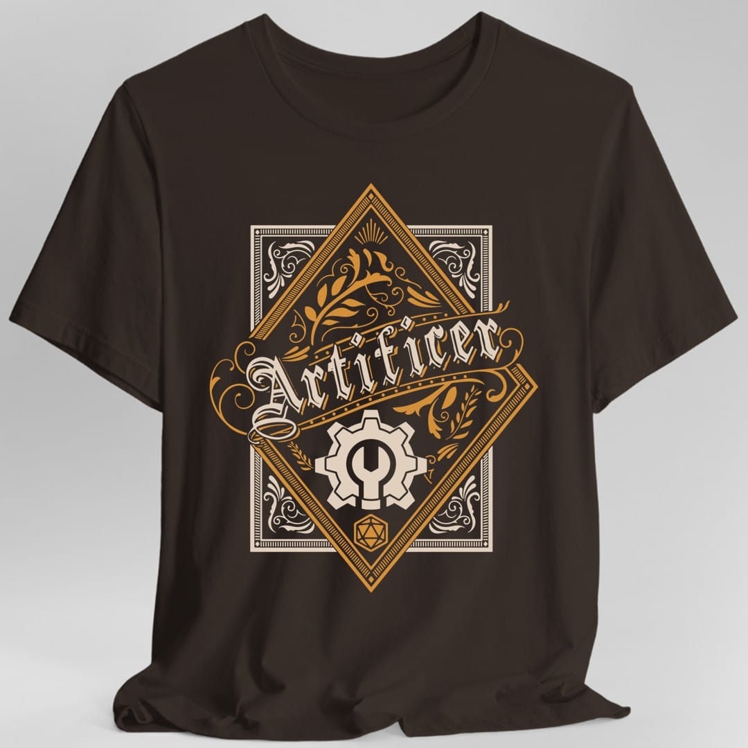 The same Artificer Large Crest design, on a dark chocolate t-shirt.