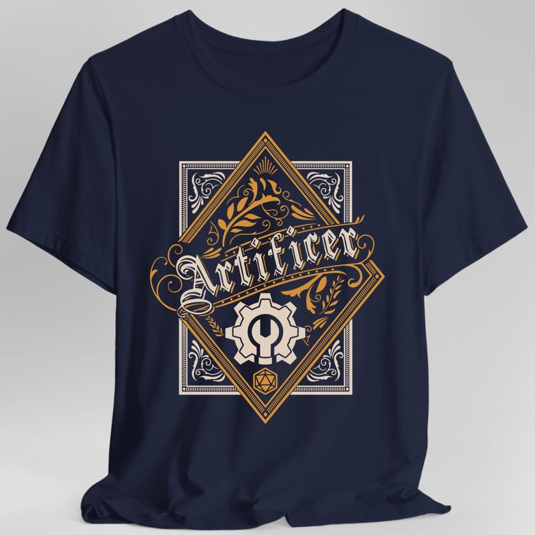 The same Artificer Large Crest design, on a navy t-shirt.