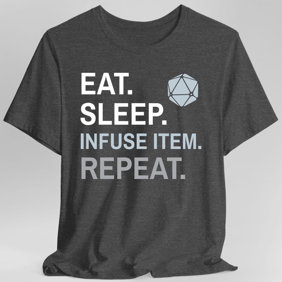 The same Artificer Eat Sleep Infuse item design, on a dark heather t-shirt.