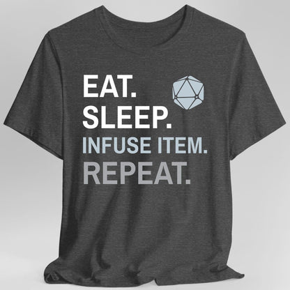 The same Artificer Eat Sleep Infuse item design, on a dark heather t-shirt.