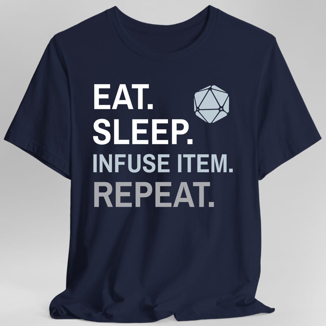 The same Artificer Eat Sleep Infuse item design, on a navy t-shirt.