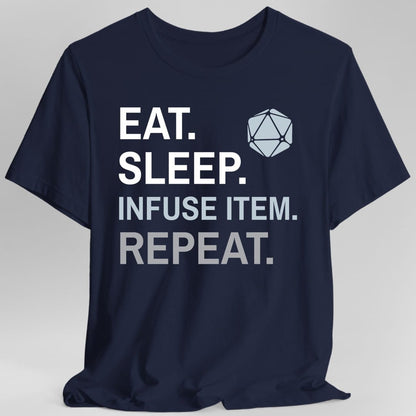 The same Artificer Eat Sleep Infuse item design, on a navy t-shirt.