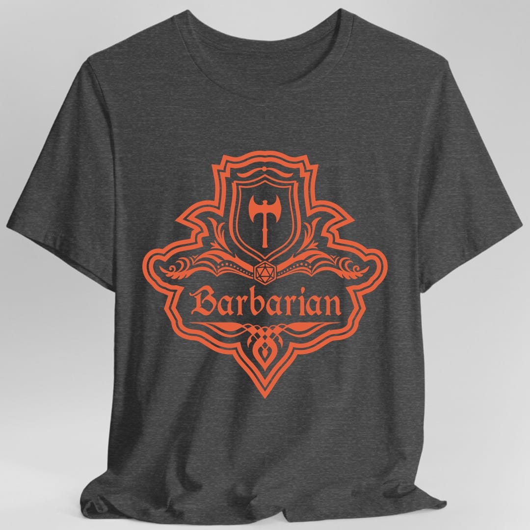 The same Barbarian one-color emblem design, on a dark heather t-shirt.