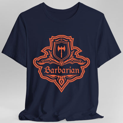 The same Barbarian one-color emblem design, on a navy t-shirt.