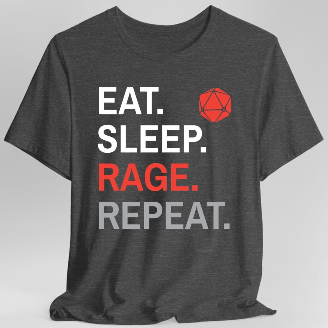 The same Barbarian Eat Sleep Rage design, on a dark heather t-shirt.
