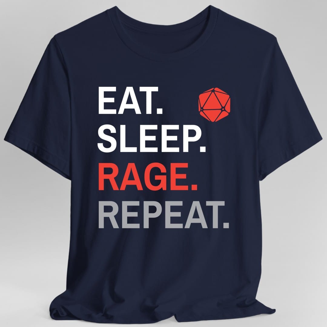 The same Barbarian Eat Sleep Rage design, on a navy t-shirt.