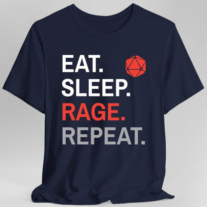 The same Barbarian Eat Sleep Rage design, on a navy t-shirt.