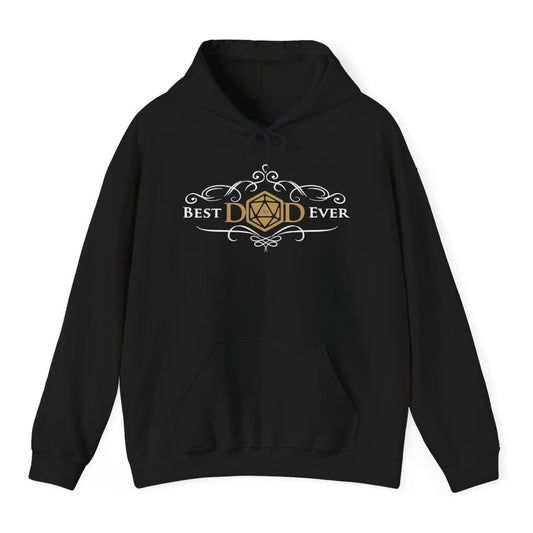 Black hoodie. Reads "Best Dad Ever" in an elegant white serif, where the middle letter of DAD is replaced by a gold twenty-sided die with 20 on its face. Curling white filigree flourishes arch above and below the words like an old book plate. Small, centered, all type, in white and antique gold.