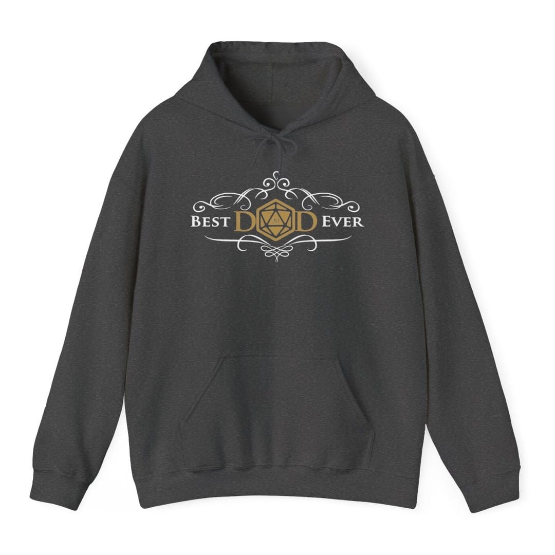 The same Best Dad Ever design, on a dark heather hoodie.