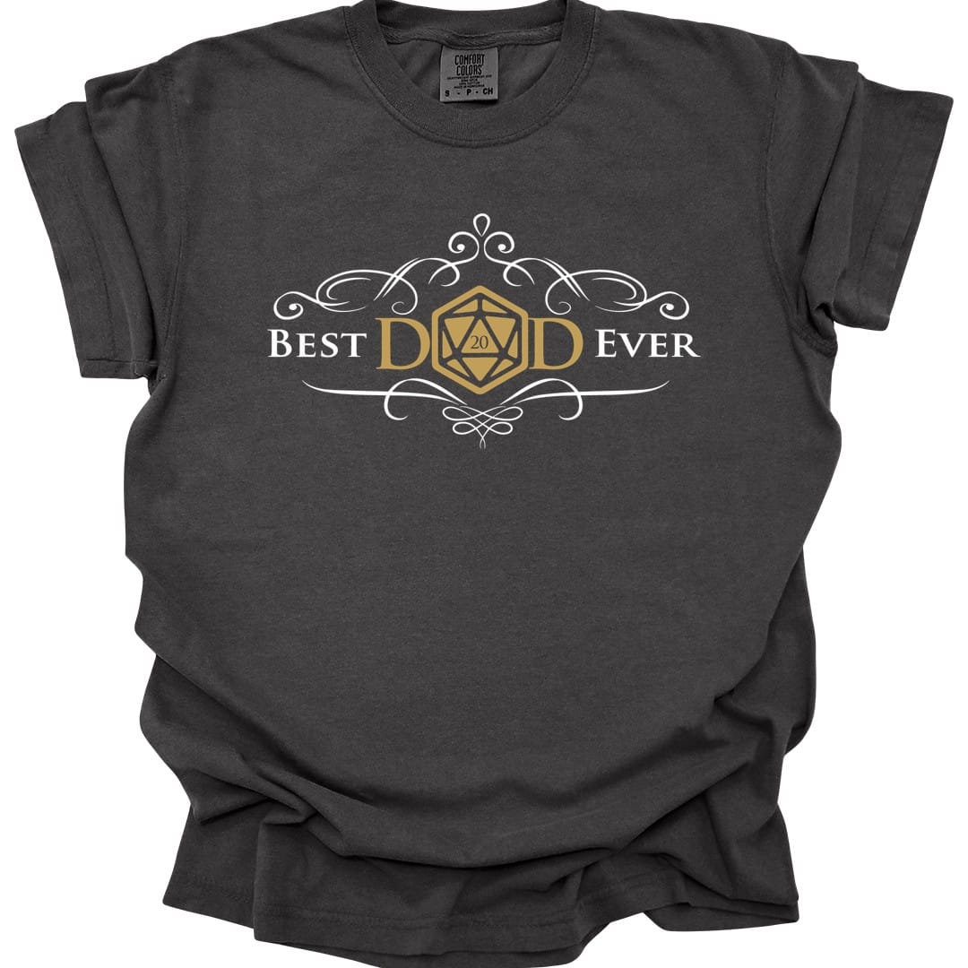 The same Best Dad Ever design, on a pepper t-shirt.