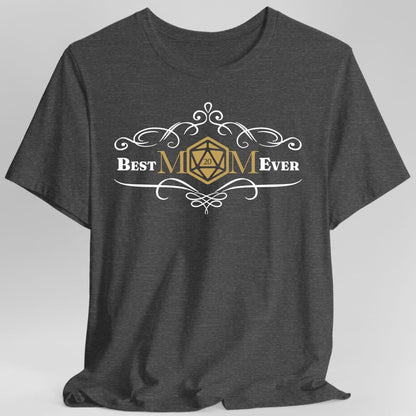 The same Best Mom Ever d20 design, on a dark heather t-shirt.