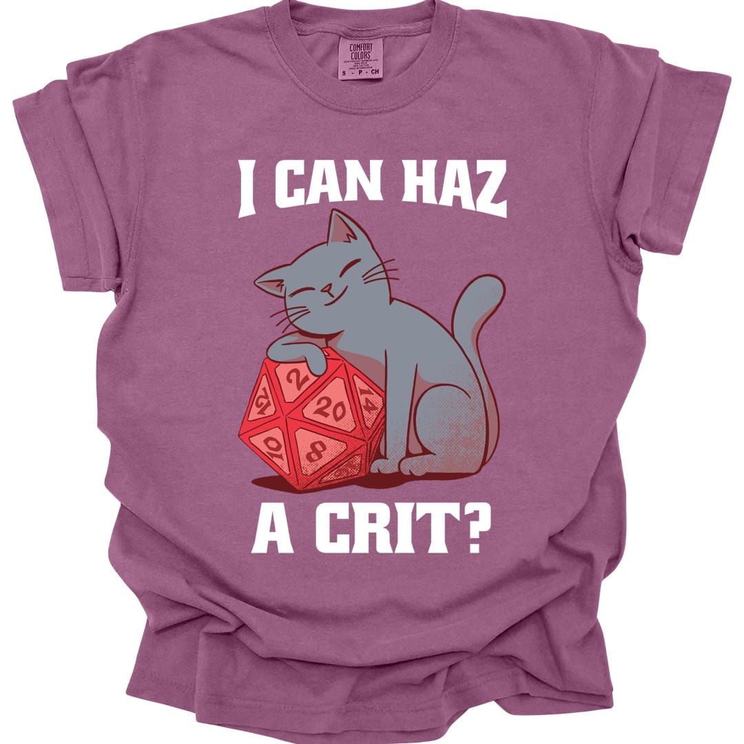 The same I Can Haz A Crit cat design, on a berry t-shirt.