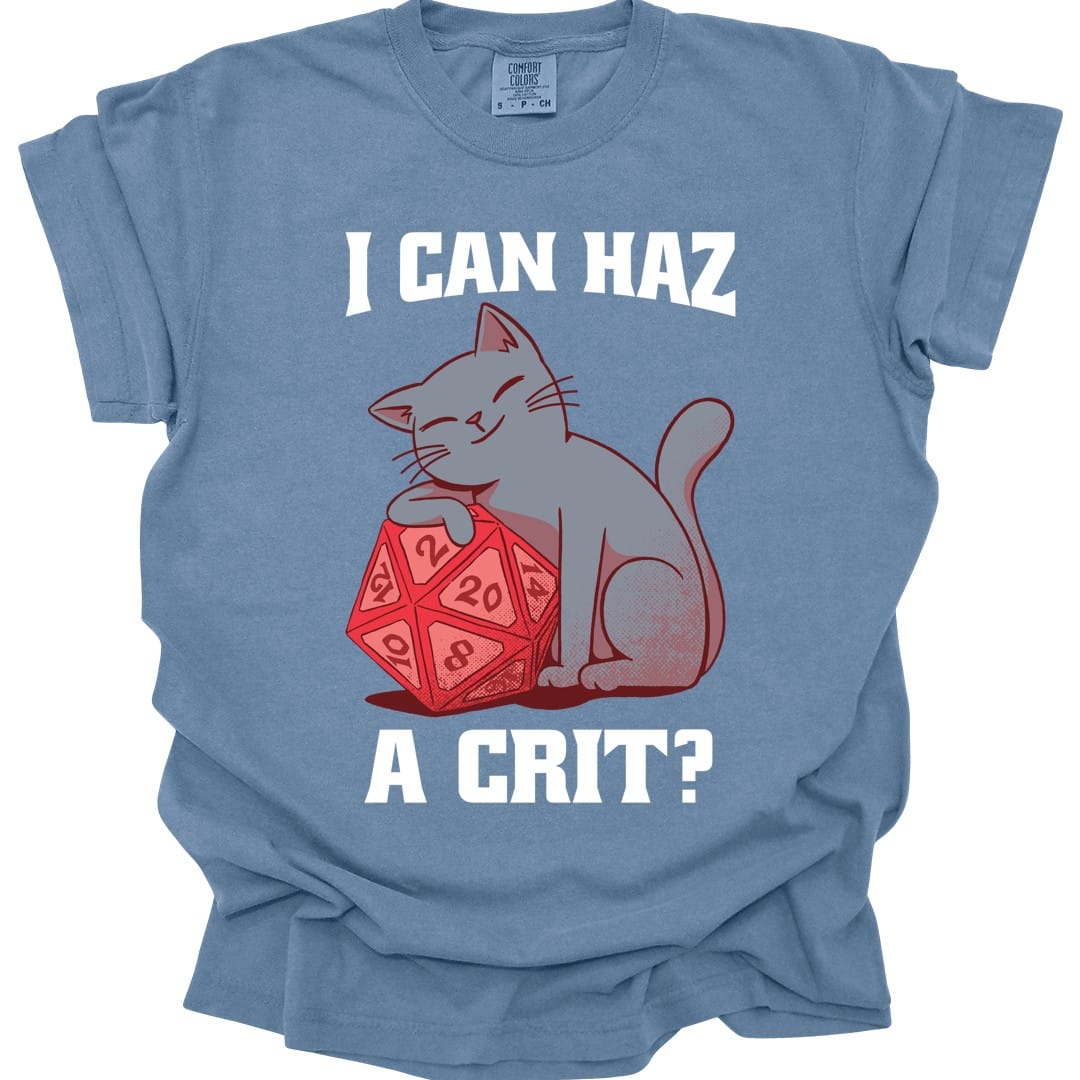 The same I Can Haz A Crit cat design, on a blue jean t-shirt.