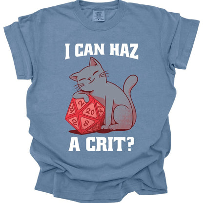 The same I Can Haz A Crit cat design, on a blue jean t-shirt.