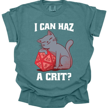 The same I Can Haz A Crit cat design, on a blue spruce t-shirt.