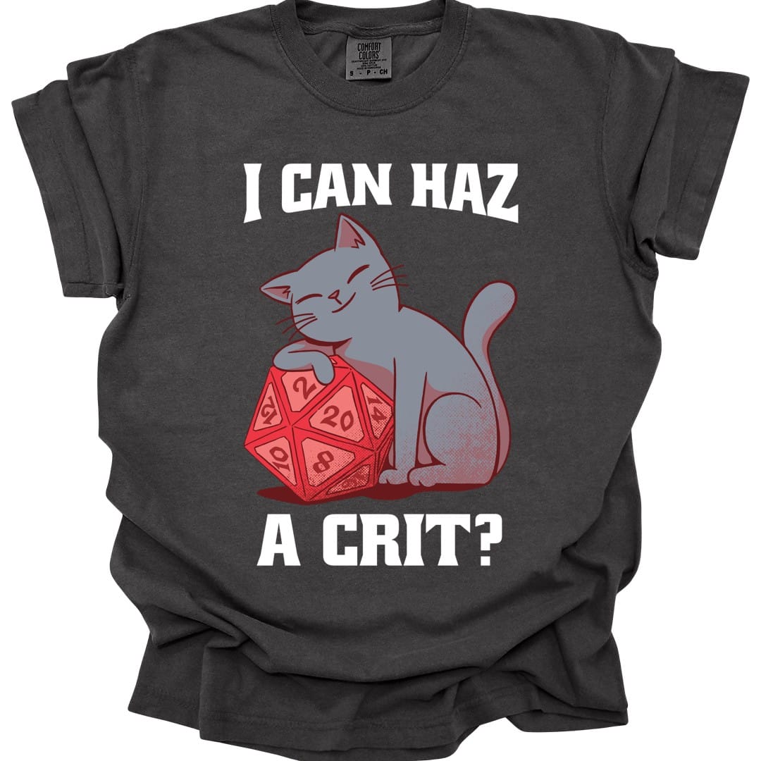 The same I Can Haz A Crit cat design, on a pepper t-shirt.