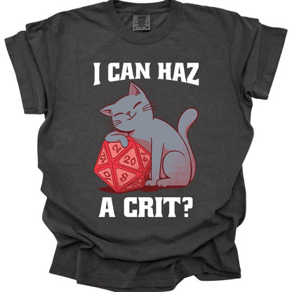 The same I Can Haz A Crit cat design, on a pepper t-shirt.