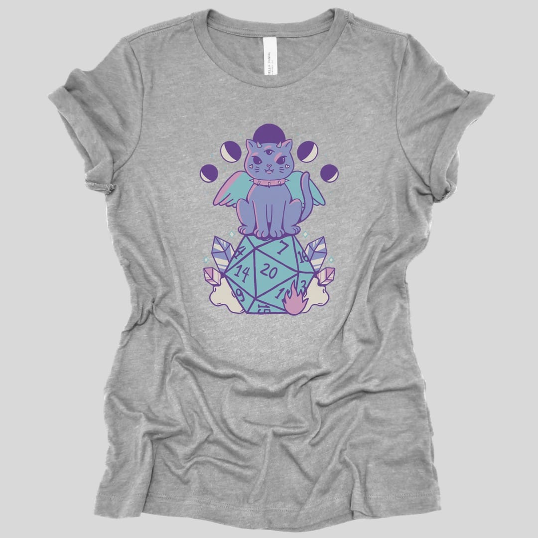 The same Cute Cat D20 celestial design, on an athletic heather women's t-shirt.