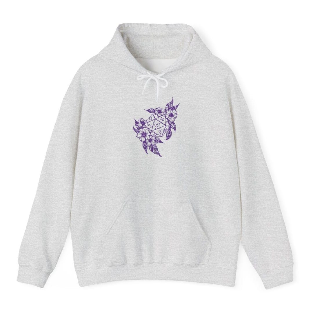 The same D20 Dice Flower design, on an ash hoodie.