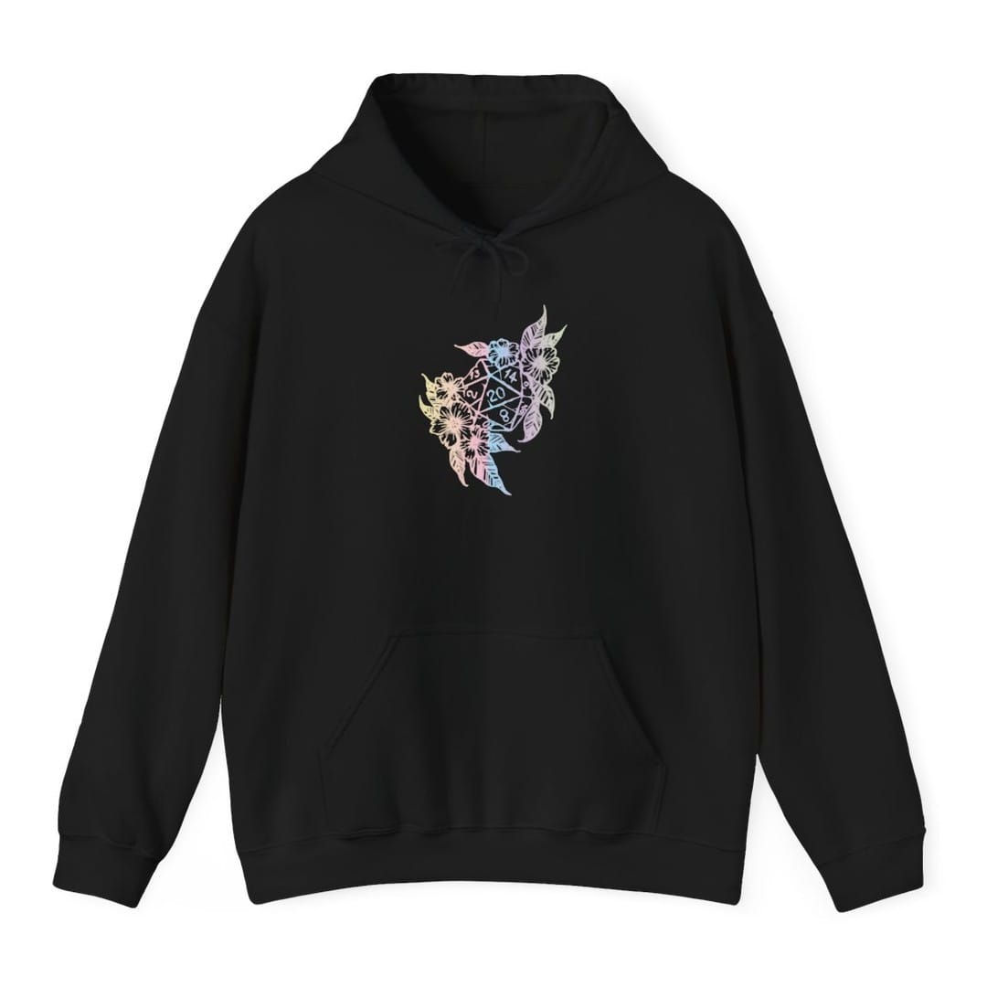 Black hoodie. A large twenty-sided die sits in the middle, surrounded by flowers and long leaves fanning out to the upper right and lower left. Soft pastel blush pink, powder blue and lilac on dark colors, a single deep purple on light ones. No words at all.