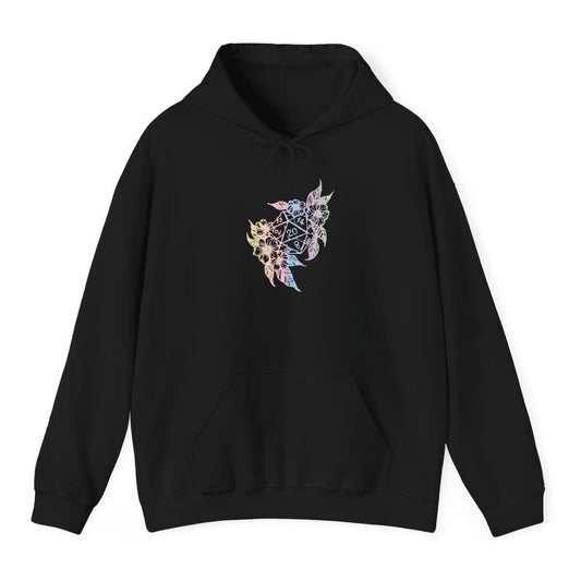 Black hoodie. A large twenty-sided die sits in the middle, surrounded by flowers and long leaves fanning out to the upper right and lower left. Soft pastel blush pink, powder blue and lilac on dark colors, a single deep purple on light ones. No words at all.