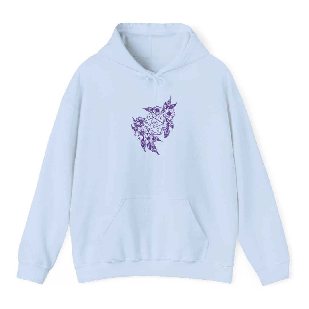 The same D20 Dice Flower design, on a light blue hoodie.