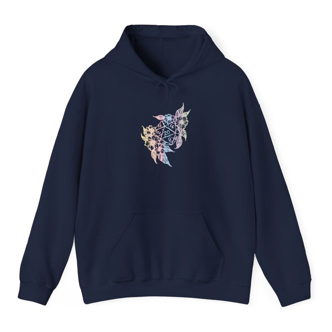 The same D20 Dice Flower design, on a navy hoodie.