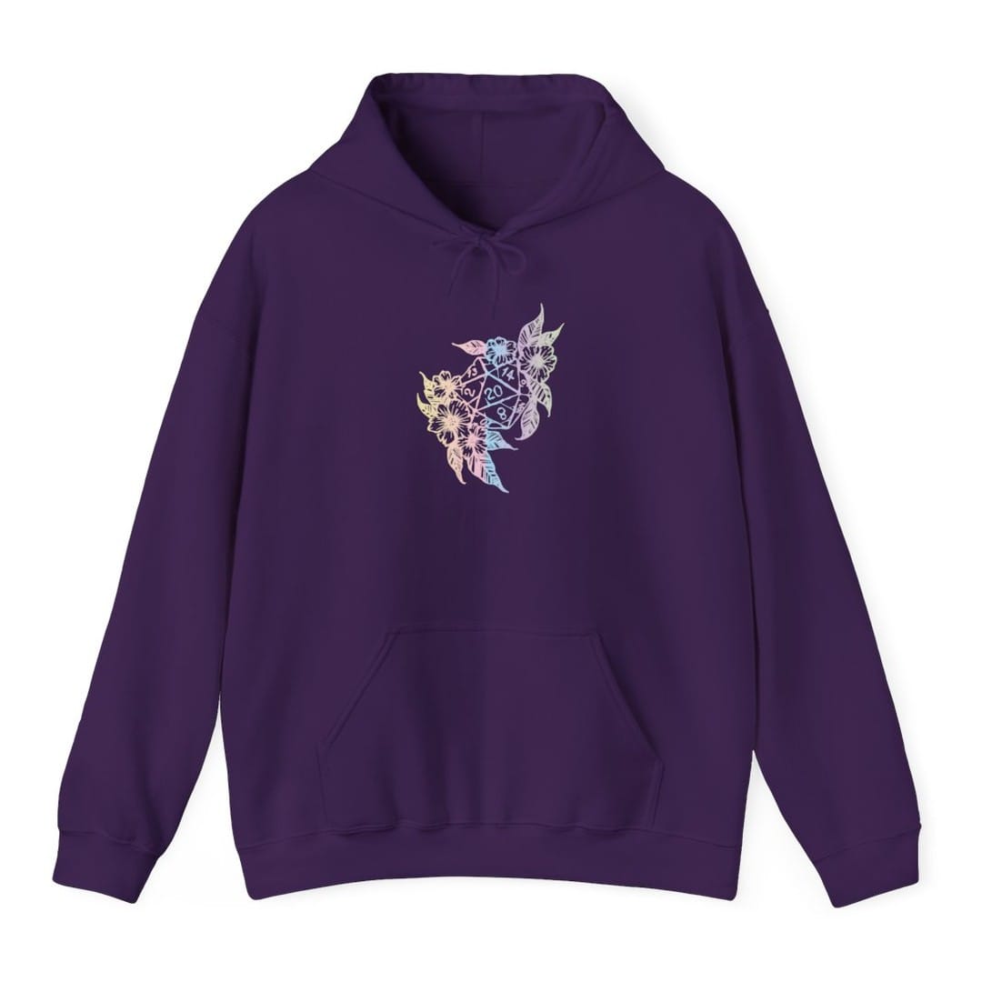 The same D20 Dice Flower design, on a purple hoodie.