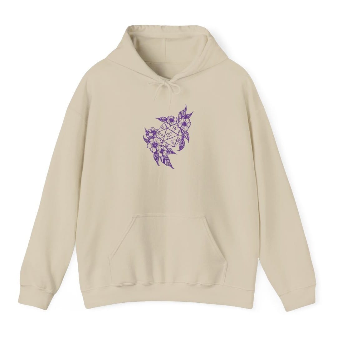 The same D20 Dice Flower design, on a sand hoodie.