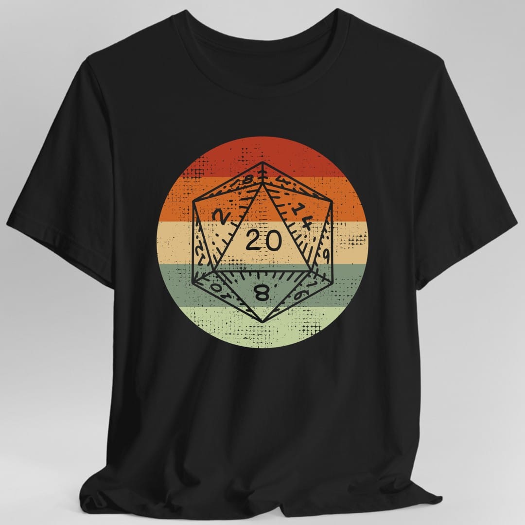 Black t-shirt. A twenty-sided die outline sits inside a circle divided into three broad horizontal bands, dark red at the top, cream in the middle and sage green at the bottom. The die shows 20. Distressed retro texture throughout. No words.