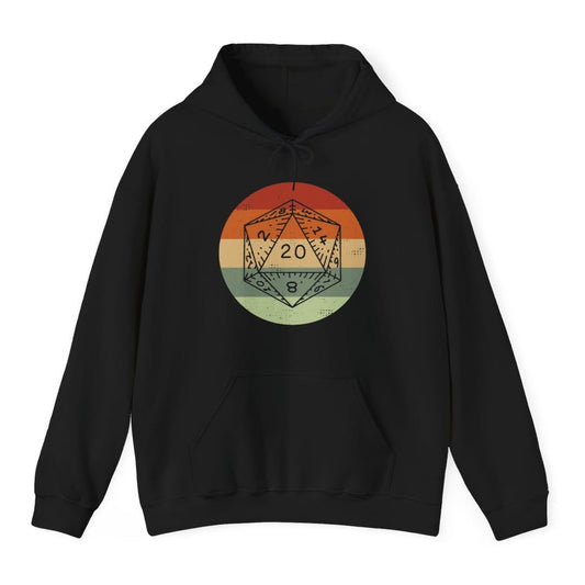 Black hoodie. A twenty-sided die drawn in thin outline and showing 20 sits over a circle striped like a retro sunset, in five broad horizontal bands, rust red at the top, then orange, cream, sage green and pale green at the bottom. Distressed vintage texture throughout. No words.